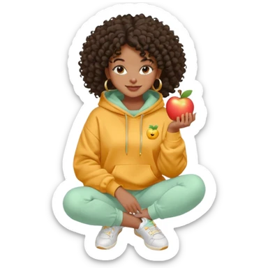 Black girl, clean girl aesthetic, 4C curly hair in a puff, pastel hoodie, white sneakers, minimal jewelry, soft smile, cozy vibe, bright colors, Apple-style emoji fazendo skincare  sticker