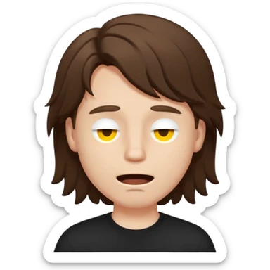 front emoji of a white boy with large brown hair, semi-closed eyes, wide open mouth, black shirt, minimalistic emoji style, bold shapes sticker