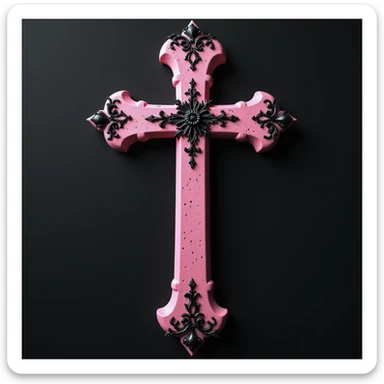 realistic gothic cross, pink with black lace, photorealistic style sticker
