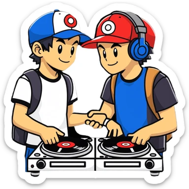 Hot handsomeb muscular 6ft tall smiling happy clean shaven ash ketchum being a  dj and his music rocks while kissing two friends sticker
