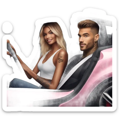 Photo of Victoria secret model driving in a sports car with a tattooed male model  sticker