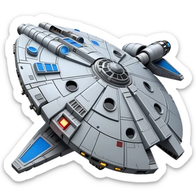 Millennium Falcon from Star Wars, emoji style, very detailed spaceship, three-quarter view, circular cockpit details, antenna, panels, blue rear lights, gray and metallic colors, characteristic oval shape, recognizable appearance sticker
