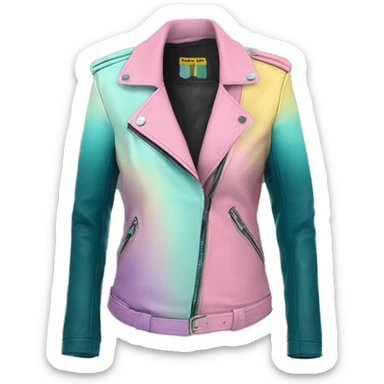 Realistic isolated side view of a pastel purple,dark teal,pastel yellow and pastel pink ombre open military style leather fashion jacket. sticker