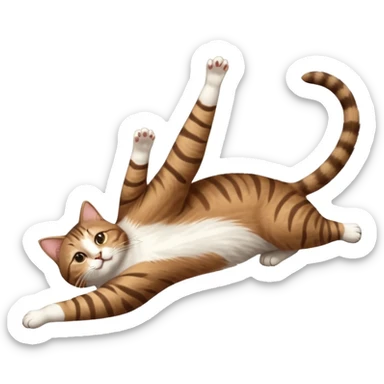 brown tabby and white cat with doing a big extremely long stretch reaching up into the air with arms and legs side by side together straight and overextended whilst lying on its side sticker