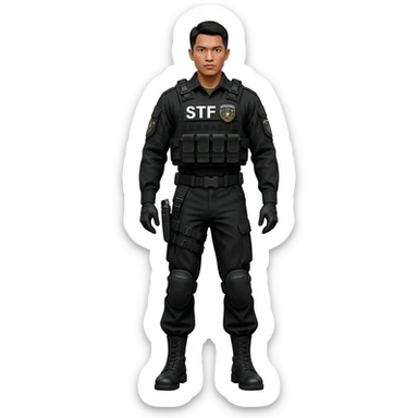 Filipino man STF SPECIAL TACTICS FORCE OUTFIT BLACK FATIGUE AND COMBAT BOOTS PLATE CARRIER AND HOLSTER sticker
