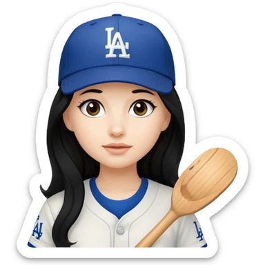 Can you make an emoji of a girl with fair skin with black long hair wearing an LA dodger hat sticker