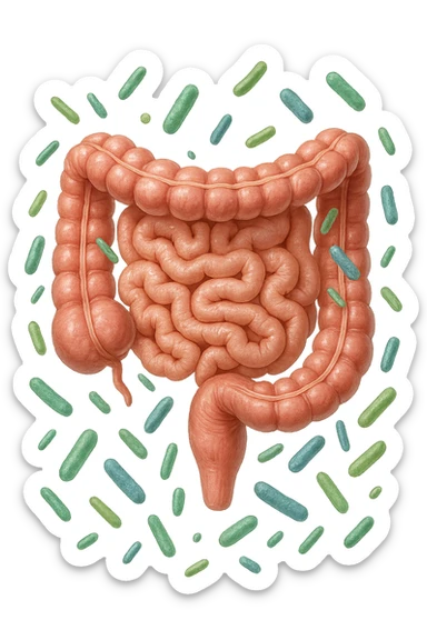 intestino umano anatomico con batteri intestinali che gli fluttuano intorno sticker