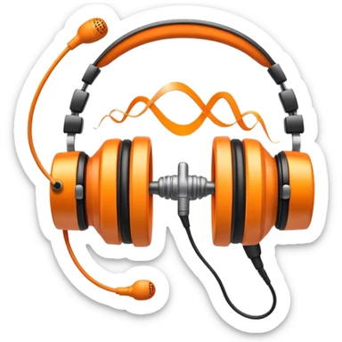 Create a dynamic and creative emoji that represents voiceover and dubbing. The design should feature a microphone, a pair of studio headphones, and sound waveforms to symbolize the recording and manipulation of voice. Add subtle details like a film reel or a speech bubble to represent the dubbing aspect. Use vibrant colors like orange, red, or purple to evoke energy and creativity in voiceover work. The background should be transparent. sticker