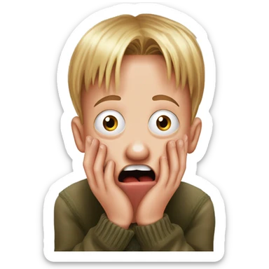 kevin McCallister from Home Alone, putting both hands on his face and screaming of fear. bring the hands down lik he is putting on his cheeks. sticker