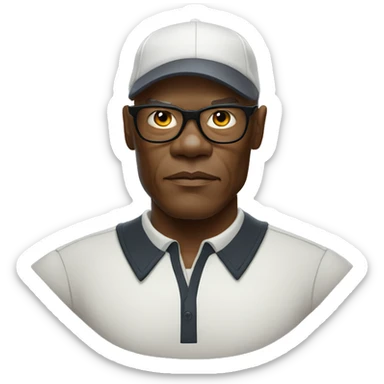 bald samuel l jackson serious wearing shirt and golf flexfit sticker