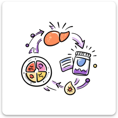 Anti-diabetic treatment diagram: orange liver, pink muscle cells, and yellow fat cells responding to blue anti-diabetic medication, with purple insulin pathways activated. Hand-drawn cross-section showing cellular absorption of red glucose particles and balanced blood sugar levels. sticker