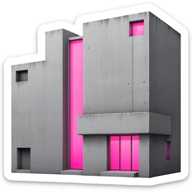 Minimalist gray concrete building with one window glowing bright pink, brutalist architecture sticker