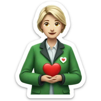 A European female teacher in a green jacket holds a heart in her hands sticker