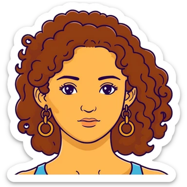 Attractive Greek woman with freckles, long curly amber-brown hair, gold hoop earrings and small necklace sticker