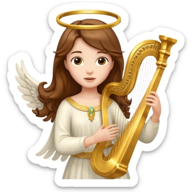 Female angel holding harp with flowing brown hair sticker
