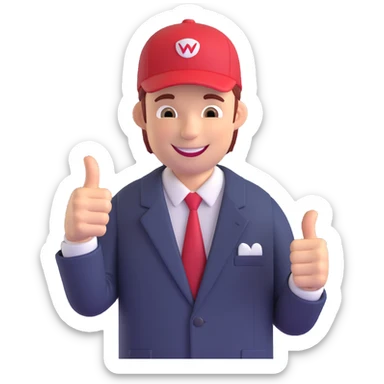 Edit the image of a smiling man in a pinstripe suit and red cap giving a thumbs up, keeping the 60% realistic emoji style as in the reference photo, but make the background transparent. sticker