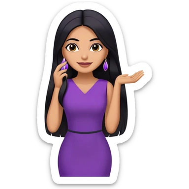 beautiful woman boss, with long straight black hair, with make up, black eye liner, smile, mexican, brown skin, wearing purple dress, she stand up, she replace hair behind her ear sticker