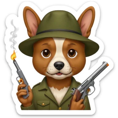 a dog smoking weed and he has a gun sticker