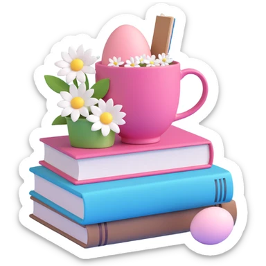 pink cup with white flowers on it, placed on top of two books. The top book is light brown with a ribbon bookmark, and the bottom book is light blue with a pink and white egg on the cover sticker