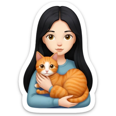 girl with long black hair holding a ginger cat sticker