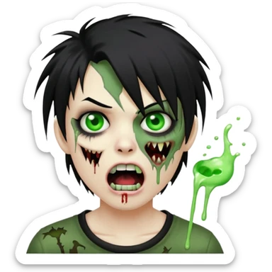  emo zombie black punk hair with cuts on face and open mouth with fluid coming out of mouth sticker