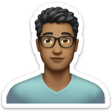 23 year old, brown man, black hair taper fade haircut, clear rectangular glasses, wide head, blue shirt sticker