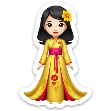 Cinematic Realistic Ao Dai Pop Culture Emoji, featuring an elegant portrayal of the traditional Vietnamese dress rendered with graceful textures and vibrant, cultural lighting. sticker