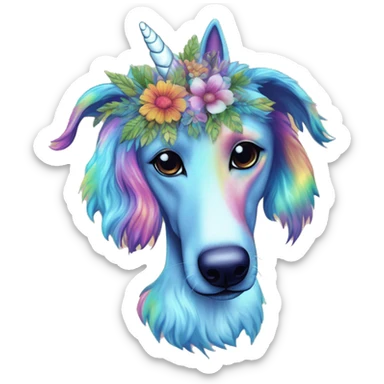 Multicolored rainbow retro groovy tie dye hippie trippy floral patterns on a metallic holographic iridescent blue dog face head unicorn sticker