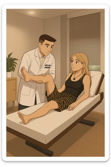 fai un webtoon/manga a colori con questo kinesiologo in camice bianco (fagli la scritta "ANTONIO ANANIA" SUL CAMICE) CHE SVOLGE UN TEST NEUROMUSCOLARE SOLLEVANDO UNA GAMBA ALLA RAGAZZA CHE è STESA SU UN LETTINO BIANCO. STANZA SEMPLICE E MODERNA, DURANTE IL TEST I DUE DIALOGANO TRA LORO. NON FARE I FUMETTI, FAI SOLO LORO COME SE DIALOGASSERO sticker