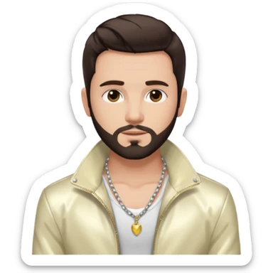 Frankie Zulferino, Pop Singer (b.1990) with dark brown hair and short beard, ivory metallic jacket, shirtless with necklace sticker