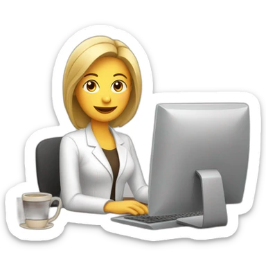 mujer blanca cachetona con cabello cafe e iluminaciones trabajando en el computador sticker