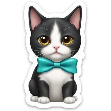 Black munchkin cat with a bow holding a sardine sticker