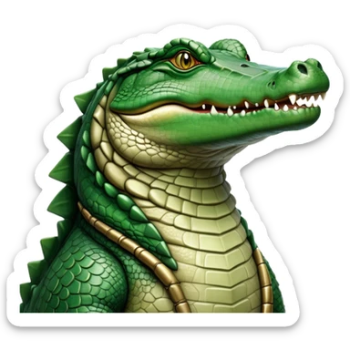 Cinematic Noble Crocodile Portrait Emoji, Poised and regal, with a powerful, elongated build and a rugged, scaly emerald-green hide, piercing cold eyes, Simplified yet sharp and sophisticated features, highly detailed, glowing with a soft, dignified glow, high shine, intelligent and formidable, stylized with an air of ancient might, focused and attentive, soft glowing outline, capturing the essence of a watchful and commanding reptile, so majestic it feels as though it could silently slide out of the screen with effortless authority! sticker