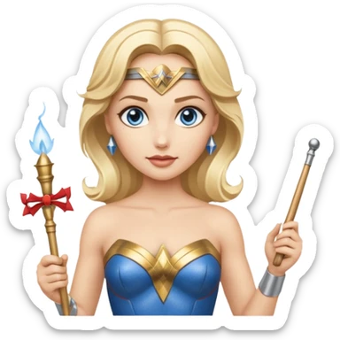 Blonde blue eyed Wonder Woman holding white orchestra conductor’s baton and bell sticker