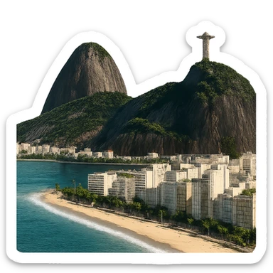 Remove the sky background from the original Rio de Janeiro emoji, keeping everything else exactly the same: the majestic vista of the skyscraper-lined beach, the mountain, and the Christ the Redeemer statue, with lifelike detail, bright lighting, and accurate colors. The background should be fully transparent and nothing else should change. sticker