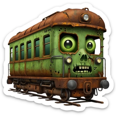 Front of a zombie-faced post-apocalyptic underground train. sticker
