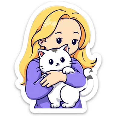 pretty woman with pale skin, very long blonde hair hugging a cat sticker