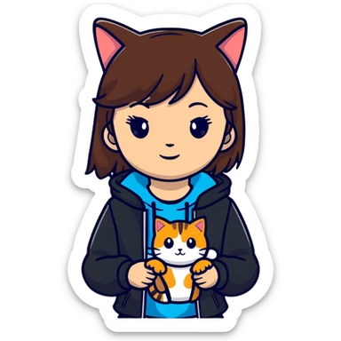 A brown straight-haired girl wearing black jacket with cats sticker