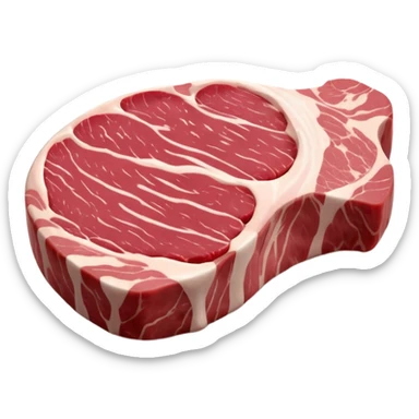 raw pork steak, thick, marbled pink-red meat, creamy white fat, irregular curved shape, moist, clear muscle grain, no plate, no seasoning, no faces, clean 3D, soft shadows, transparent background, emoji scale sticker