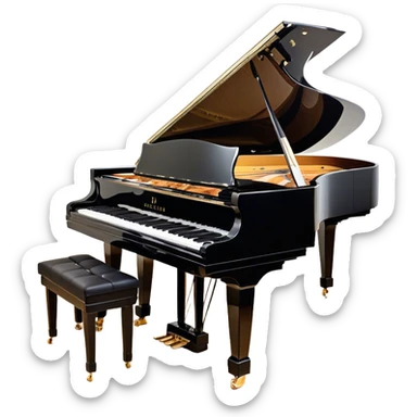 Create an elegant and detailed emoji representing the Seiler 278 Konzert grand piano. The design should feature the grand piano's polished black body with shiny, reflective surfaces, capturing its high-quality craftsmanship. The black and white keys should be clearly visible, with the curved shape of the grand piano’s body and lid, which can be slightly open. Add visible details like the pedal system, the intricate wood finish on the frame, and the elegant legs of the piano. The musical notes should float around the piano, evoking the sound of a professional concert instrument. Use deep black, white, and gold tones to highlight its luxurious appearance. The background should be transparent. sticker