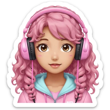 TAN SKIN GAMER GIRL WITH LONG BROWN CURLY HAIR gamingheadset pink kawaii gamer shiny blushing cute kawaii pastel anime trending style pink gaming headset gamergirl pastelcore sticker