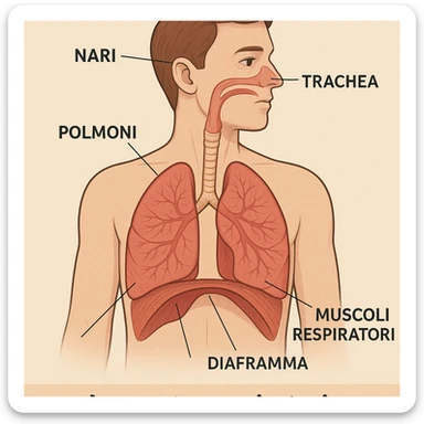 illustration with labels in Italian: nostrils, trachea, lungs, diaphragm, respiratory muscles, caption in Italian sticker