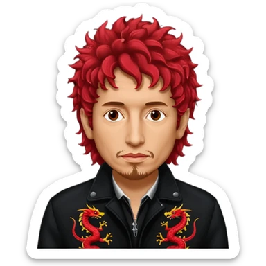 Cinematic realistic Bob Dylan, unshaven and long-haired portrait, in a black jacket embroidered with red dragons, his curly hair red from the spotlights. sticker