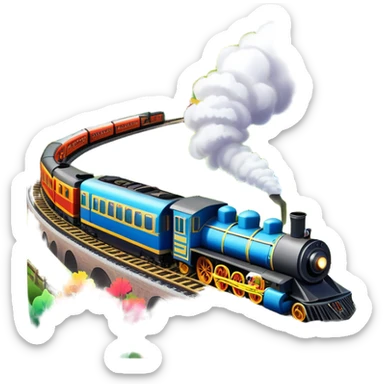 An icon showing a vibrant PC game train simulator scene with a steam locomotive traveling through a colorful countryside. The design features lush landscapes, winding tracks, and detailed railway elements, symbolizing the strategy and creativity of simulation games. Transparent background sticker