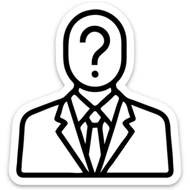 modern icon of a black and white suited man, instead of a face there is a question mark, no background sticker
