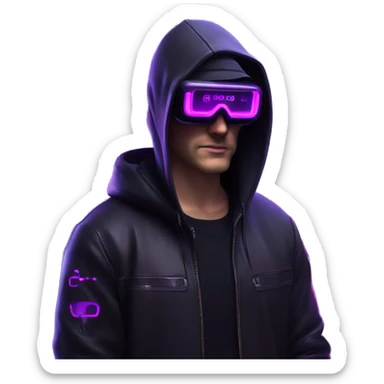 Russian man wearing a black hoodie with "OMG" letters on it and VR headset in a cyberpunk VR environment with violet neon lighting. sticker