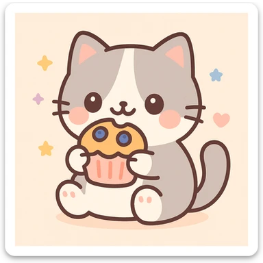 a grey and white kitty eating a blueberry muffin, cute and appealing style, colorful, soft, friendly sticker