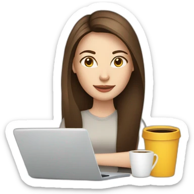 woman with long straight brown hair and pale skin laptop and coffee mug sticker