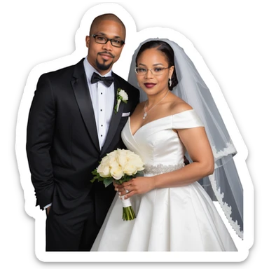 light-skinned African American woman with glasses in a wedding dress and light-skinned man with a black goatee in a tuxedo sticker