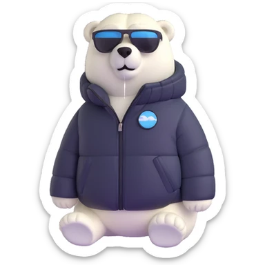 polar bear wearing a white puffer jacket and sunglasses sticker
